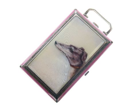 Continental silver and pink enamel minaudiere, of rectangular form decorated with the head of a lurcher or similar dog, enclo