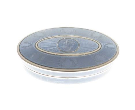 Continental white metal and lilac blue guilloche enamel oval trinket box, the cover decorated with central cartouche enclosed