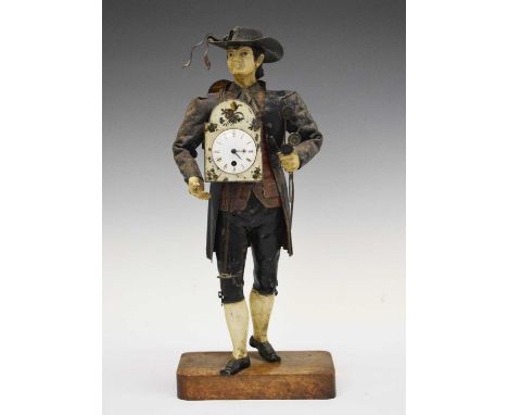 A rare Swiss polychrome painted tinplate figural `clock pedlar` timepiece, unsigned, mid to late 19th century. The miniature 