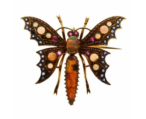 Multi-gem butterfly brooch, with opal thorax and abdomen, ruby eyes and the wings set with blue sapphires, rubies and opals, 
