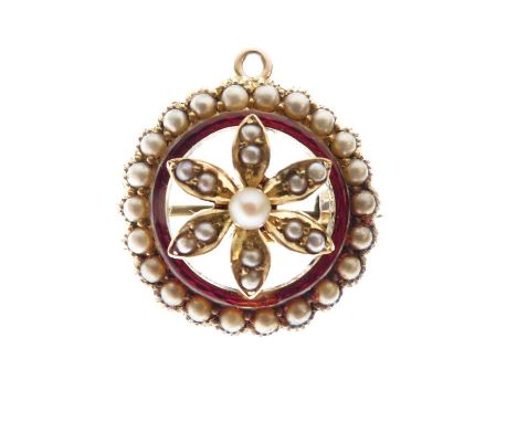 Seed pearl and enamel pendant brooch, circa 1900, the pearl set flower head enclosed by an enamel and pearl border with detac