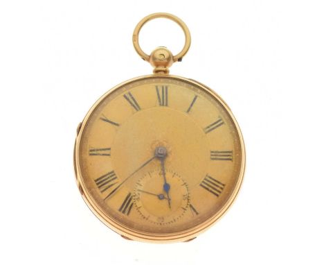 18ct open faced pocket watch, the gold dial with black Roman numerals, subsidiary seconds dial, blued steel hands, the three 