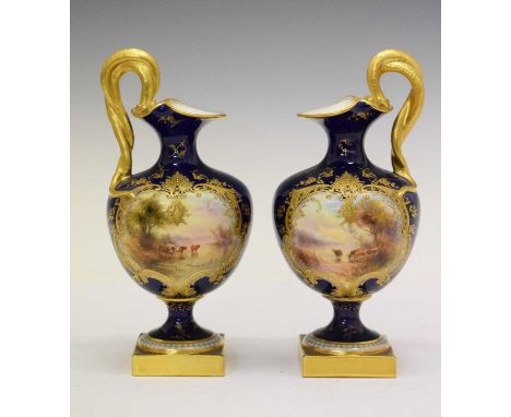 Harry Stinton for Royal Worcester - Pair of pedestal ewers, each with entwined snake handle, shape 1968, painted with cattle 