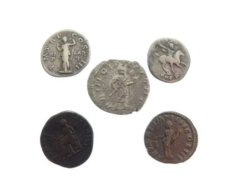 Five Roman Imperial coins to include: Hadrian. AD. 117-138. AR Denarius IMP CAESAR TRAIAN HADRIANVS AVG, laureate head of Had