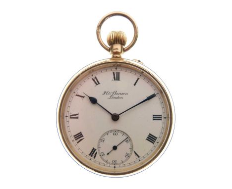 J.W. Benson 9ct gold open-faced keyless wound pocket watch, signed white enamel dial, black Roman numerals and subsidiary sec