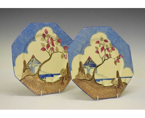 Clarice Cliff – Pair of Bizarre octagonal plates painted in the Blue Japan pattern, circa 1933, black printed mark, 24cm diam
