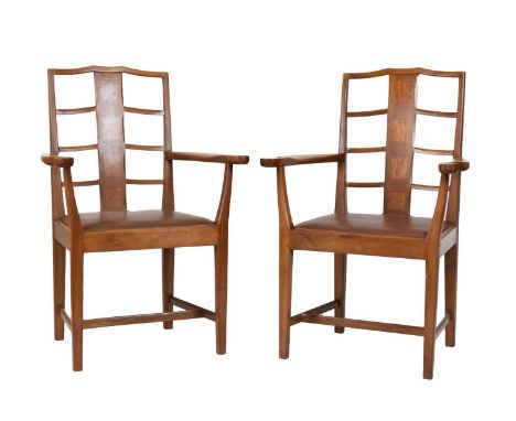 Gordon Russell (1892-1980) for Gordon Russell & Sons - Pair of 'Birdlip' range walnut open armchairs, circa 1925, the swept l