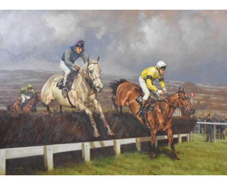 Horse racing interest - Graham Isom (b.1945) - Oil on canvas - The 1989 Cheltenham Gold Cup, 7th Fence, Desert Orchid with Si