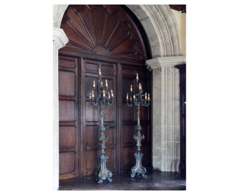 Pair of floor-standing ten-light candelabra in the Rococo manner, polychrome-painted softwood, and composition, 186cm high ex