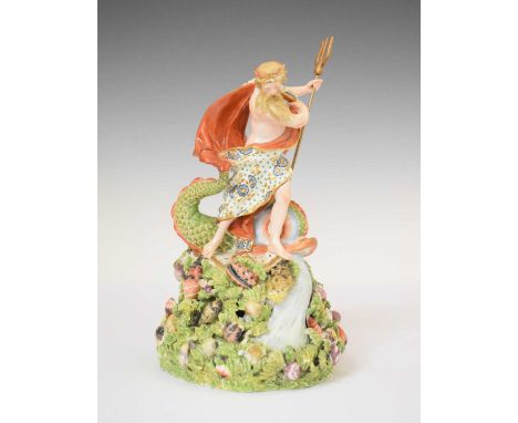 18th Century porcelain figure of Neptune, attributed to Derby circa 1765-70, modelled with trident in hand standing on a shel