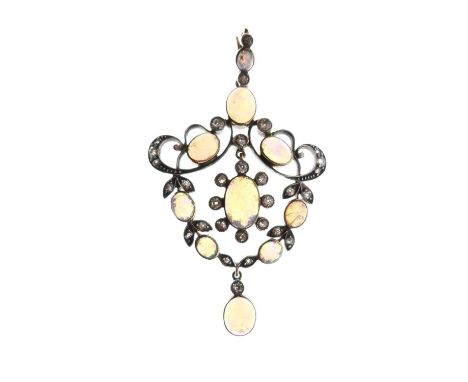 Edwardian opal and diamond pendant, the frame set with seven opals, and old single cut diamonds, an opal and diamond drop bel