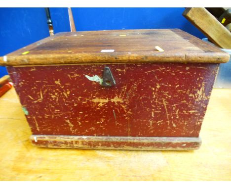 WOODEN TOOL BOX WITH ASSORTED WOODWORKING TOOLS INCLUDING PLANES, CHISELS, FILES, DRILL BITS ETC 15" X 25.25" X 18.75"