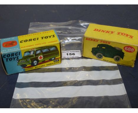 BOXED DINKY 688 FIELD ARTILLERY TRACTOR AND BOXED CORGI 414 BEDFORD MILITARY AMBULANCE