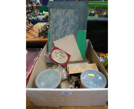 BOX OF ASSORTED BOARD GAMES INCLUDING CHESS AND 2 TINS OF MARBLES