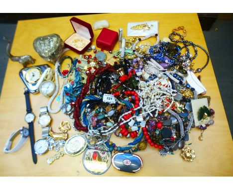 BOX OF ASSORTED COSTUME JEWELLERY, WATCHES, TRAVEL CLOCK, TRINKET POTS ETC