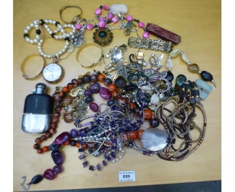 BOX OF ASSORTED COSTUME JEWELLERY INCLUDING BEADS, POCKET WATCH AND HIP FLASK