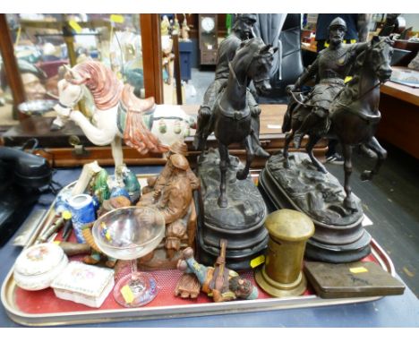 QUANTITY OF ASSORTED ITEMS INCLUDING SPELTER FIGURES, MONEY BANK, FIGURES, WHISTLE, CORKSCREW, TRINKET POTS ETC