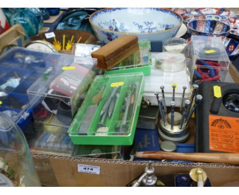 BOX OF ASSORTED WATCH MAKING TOOLS AND WATCH PARTS