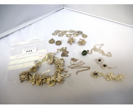 BAG OF SILVER JEWELLERY INCLUDING CHARM BRACELET, COIN BRACELET, EARRINGS, NECKLACE AND 2 NECKLACES WITH PENDANTS TOTAL W: 3.