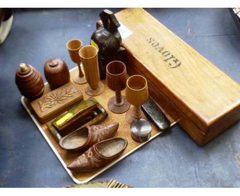 ASSORTED WOODWARE INCLUDING MATCHBOX/STRIKER, TRINKET BOXES, CUPS, GLOVE BOX, COMB ETC