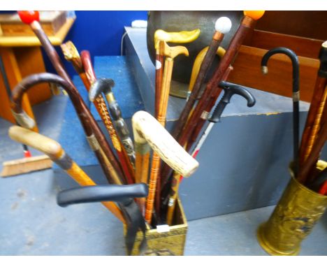 BRASS STICK STAND WITH 16 ASSORTED STICK STANDS