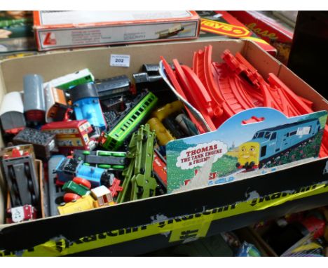 BOX OF ASSORTED THOMAS THE TANK ENGINE TRAINS, TRUCKS, VEHICLES AND TRACK