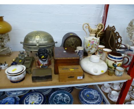 QUANTITY OF ASSORTED ITEMS INCLUDING MANTLE CLOCK, MONEY BOX, BOXES, JUGS, VASE, LAMP ETC