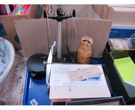 Russian Black Plastic Balance Scales with Boxed Weights, miniature wooden dolls in large example, Russian Communist Party pub