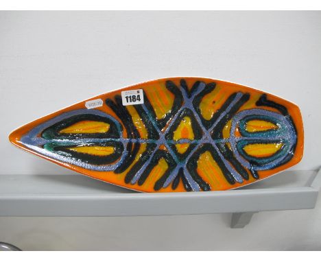 Poole Pottery 'Delphis' Spear Shaped Dish, with abstract design on fiery orange ground, shape No 82, 43cm wide. 