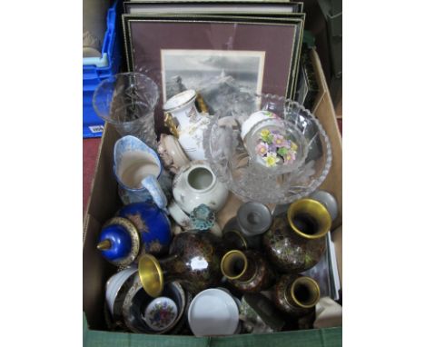 Prints, Cloisonne Vases, ceramics, glassware, etc:- One Box.