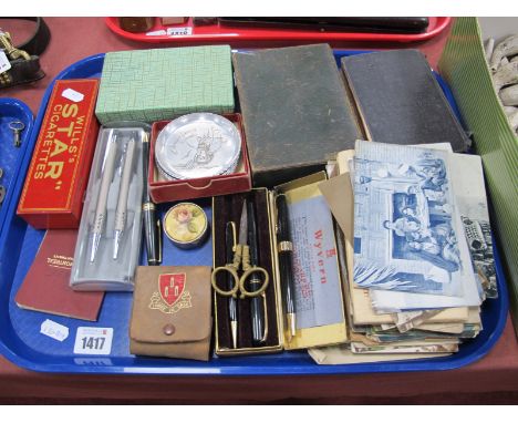 Wyvern Envoy Pen with 14K Nib, other writing implements, Wills's Star dominoes, postcards, coasters, etc:- One Tray.