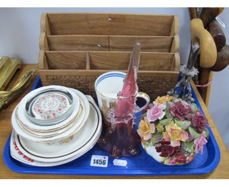 Cranberry Glass Frilled Glass Epergne on Plated Stand, posy, commemorative ware, wooden letter rack:- One Tray.