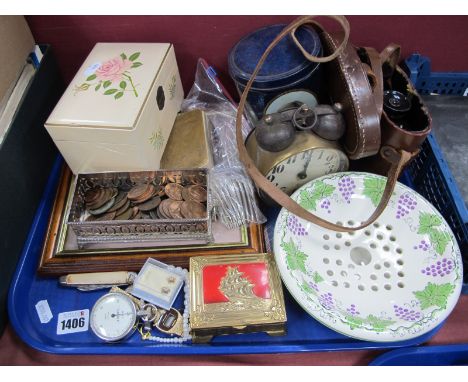 Hull Hanley Binoculars, W. Gilbert brass cased alarm clock, coinage, Sekonda watch, jewellery, etc:- One Tray.