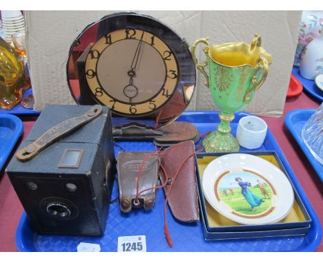 A Smiths Art Deco Mantle Clock, box camera, light meter, Coalport vase (damaged), magnifying glass, etc:- One Tray