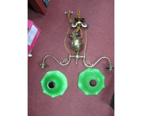 A Circa Mid XX Century 'Up n Down' Double Green Glass Shaded Brass Hanging Lamp (snooker table use?).