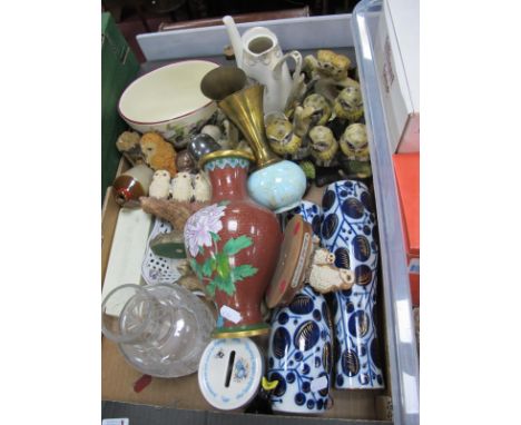 Wedgwood Jemima Puddle Duck Money Box, pottery owls, dominoes etc:- One Box.