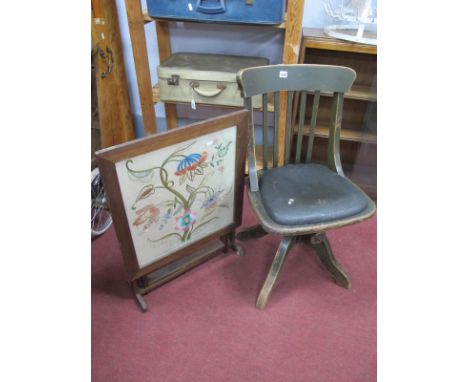 Swivel Painted Office Chair, circa mid XX Century with rail back on cruciform base, oak framed firescreen with tapestry inset