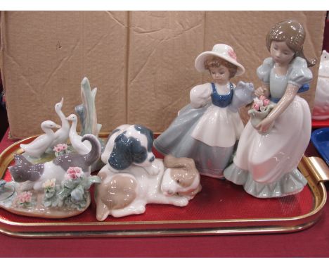 Lladro Figure of Cat with Frog, Nao puppies, girl with flowers, girl with ewer and geese (5).