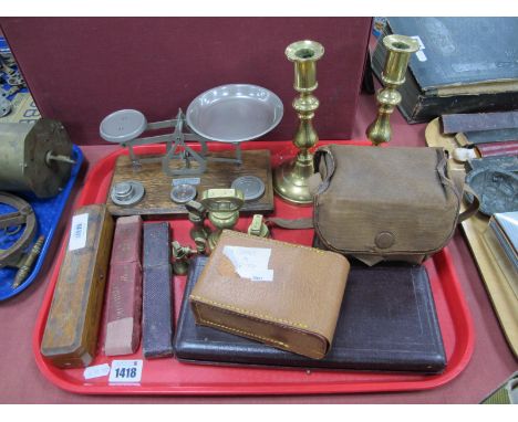 Oak Cased Cut Throat Razors, Cadman razors, Johnson's scales, geometry set, etc:- One Tray.