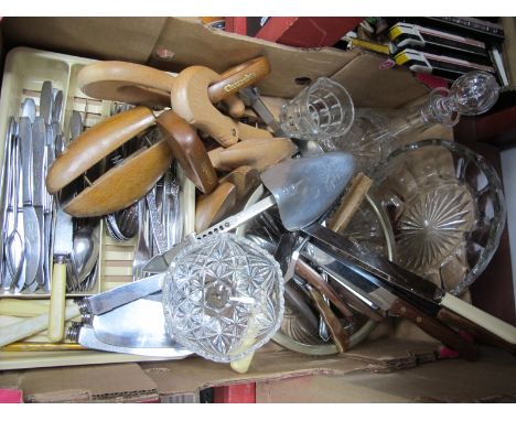 A conical Glass Decanter, other glassware, shoe trees, cutlery:- One Box.