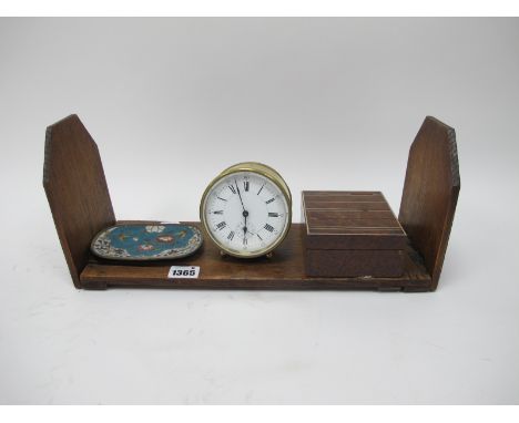 An Oak Adjustable Book Trough, with Yorkshire Rose carving to fall ends, Burr Wood box 17cm wide. C. Marshall brass cased man