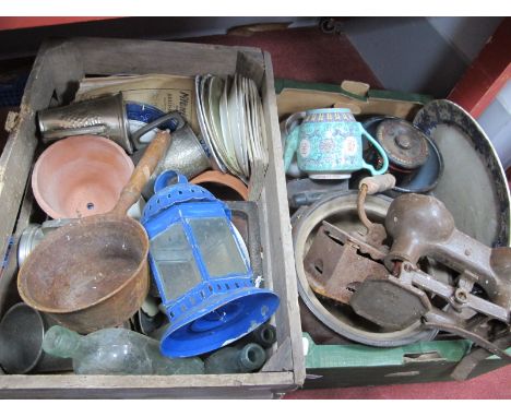 Iron, saucepan, scales, plates, bottles, etc:- Two Boxes.