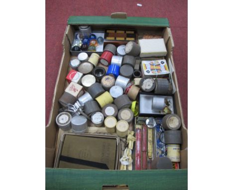 Dinky Bus and Road Furniture, marbles, mother of pearl shirt fasteners, etc plus a box of approx 40+ circa 1930's/40's 9mm sc