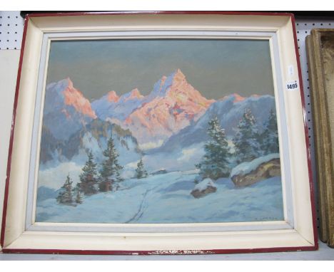 R Gerson, Alpine Study with sunlit mountains in distance, oil on canvas, signed lower right, 39.5 x 49.5cm.