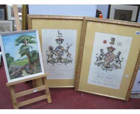 A Pair of Crest Prints, featuring Latin inscripture, Countryside scene oil on board, 29.5 x 21.5cm, plus easel.