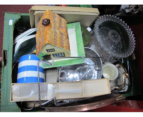 T.G Green Storage Jar, pressed glass cake stand, Midwinter Stylecraft, fashion shape dishes, on a stand, etc:- One Box.