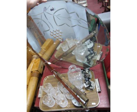 A XX Century Mirror, with scalloped edge, decanter, six Whisky glasses, fishing rod, two Walt Disney Mickey Mouse figures:- O