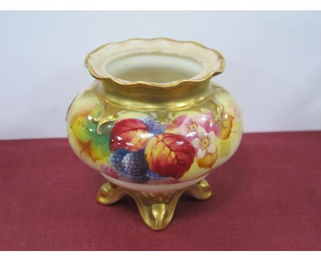 Royal Worcester Kitty Black Hand Painted Pot Pourri Jar, of lobed bulbous form featuring berries and fruit, on four scroll fe