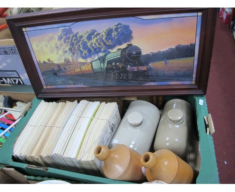 A Bradex Flying Scotsman Wall Plaque, prints, Fred Bassett books, stoneware vessels:- One Box.