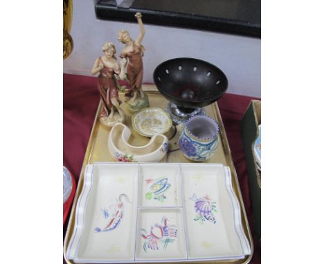 A Pair of Early XX Century Royal Dux Figures of Greek Maidens, (one damaged), a mid XX Century Poole sectional table tray, Po